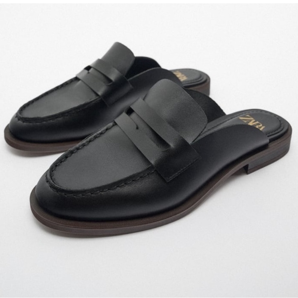 NWT Zara Women’s Black Open Back Leather Loafers Business Casual Size 7.5